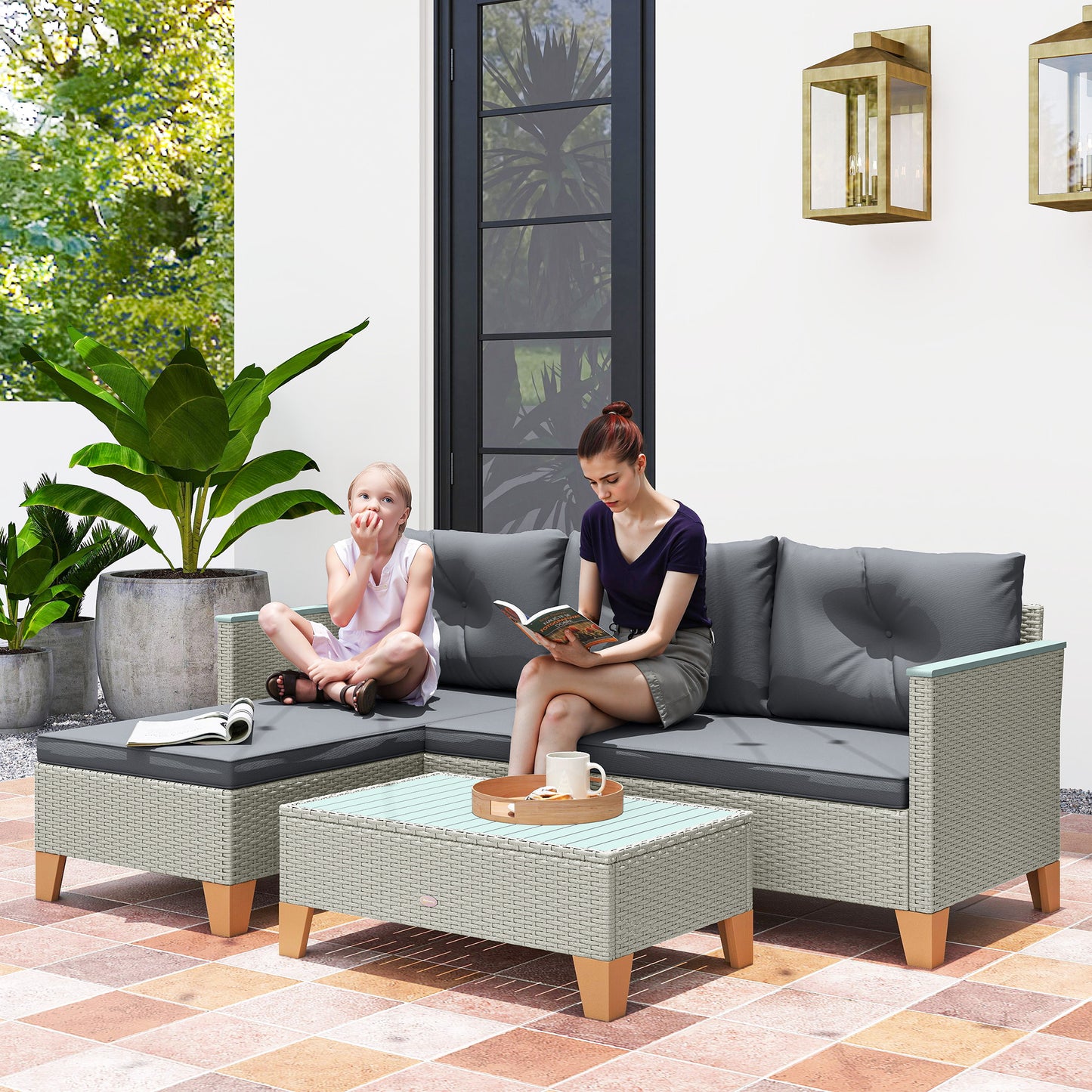 L Shaped Garden Conversation Chaise Lounge Furniture, Charcoal Grey