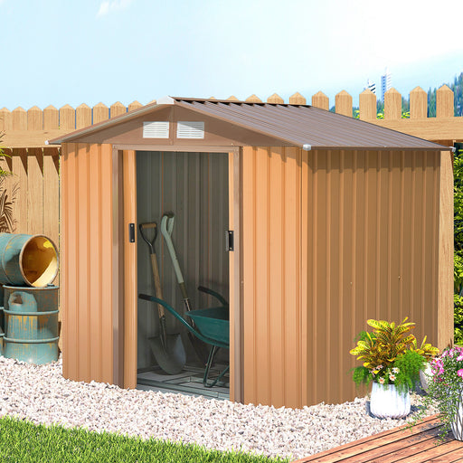 7 x 4 ft Lockable Garden Shed Large Patio Roofed Tool Metal Storage Building Foundation Sheds Box Outdoor Furniture, Yellow