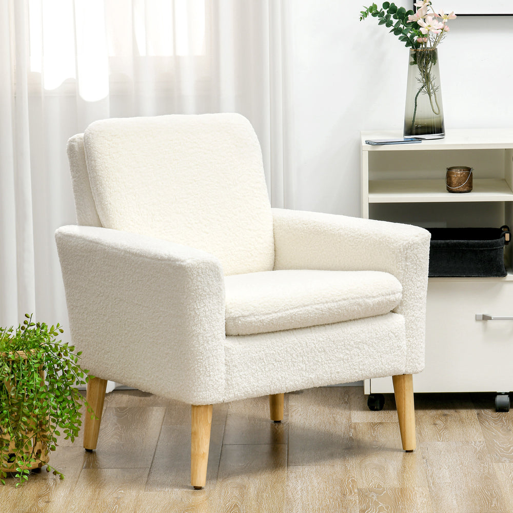 Modern Accent Chair with Wood Legs, Wide Seat, Teddy Armchair, Cream