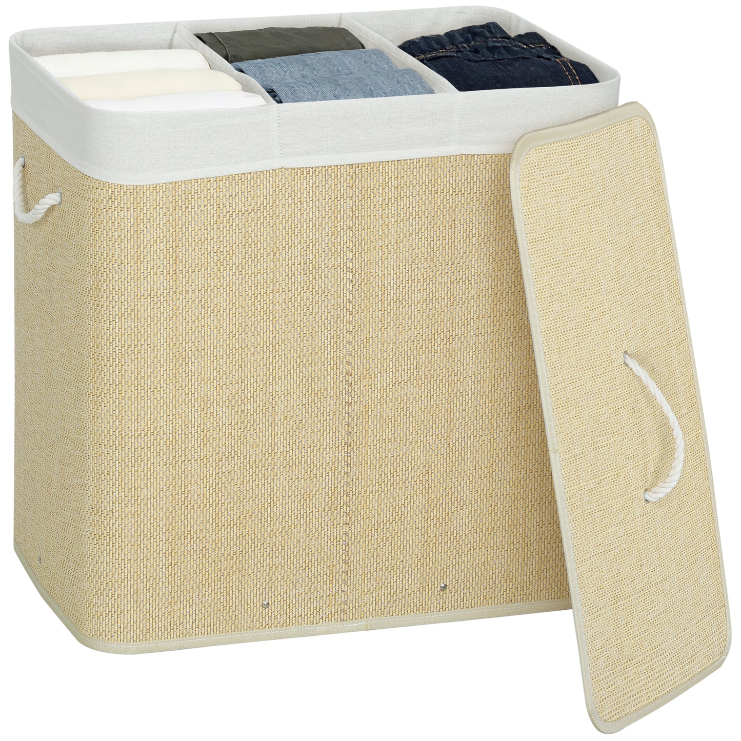 144L Laundry Basket with Lid, 3 Section Bamboo Laundry Hamper with Removable and Washable Liner, Handles, Dirty Clothes Hamper for Bathroom, Bedroom, Cream White