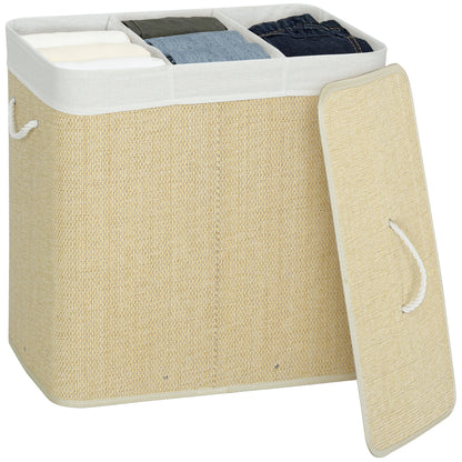144L Laundry Basket with Lid, 3 Section Bamboo Laundry Hamper with Removable and Washable Liner, Handles, Dirty Clothes Hamper for Bathroom, Bedroom, Cream White