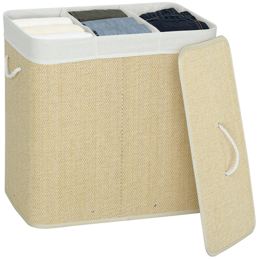 144L Laundry Basket with Lid, 3 Section Bamboo Laundry Hamper with Removable and Washable Liner, Handles, Dirty Clothes Hamper for Bathroom, Bedroom, Cream White
