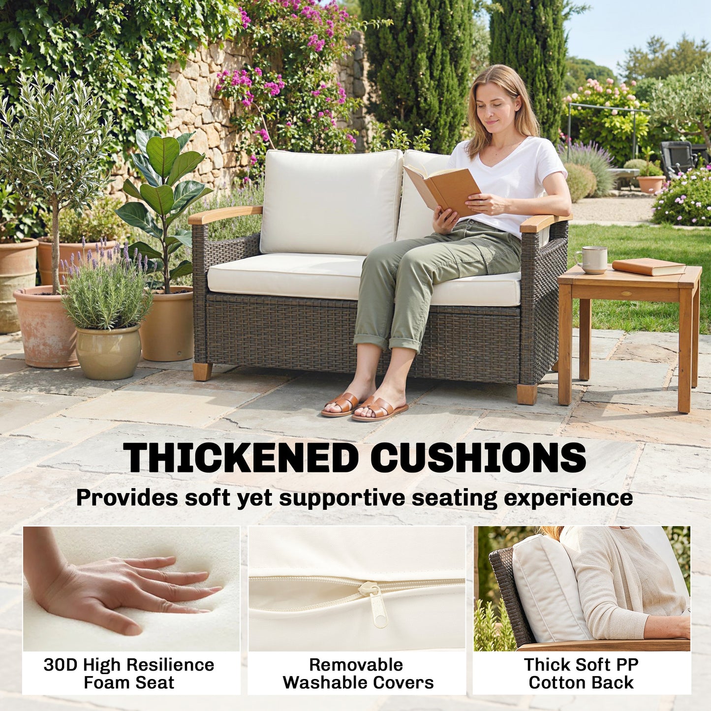 2 Seater Rattan Garden Sofa with Acacia Wood Armrests, Brown