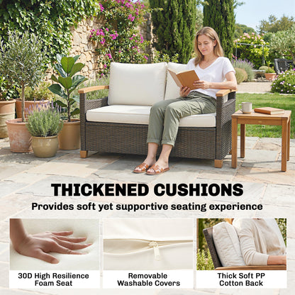 2 Seater Rattan Garden Sofa with Acacia Wood Armrests, Brown