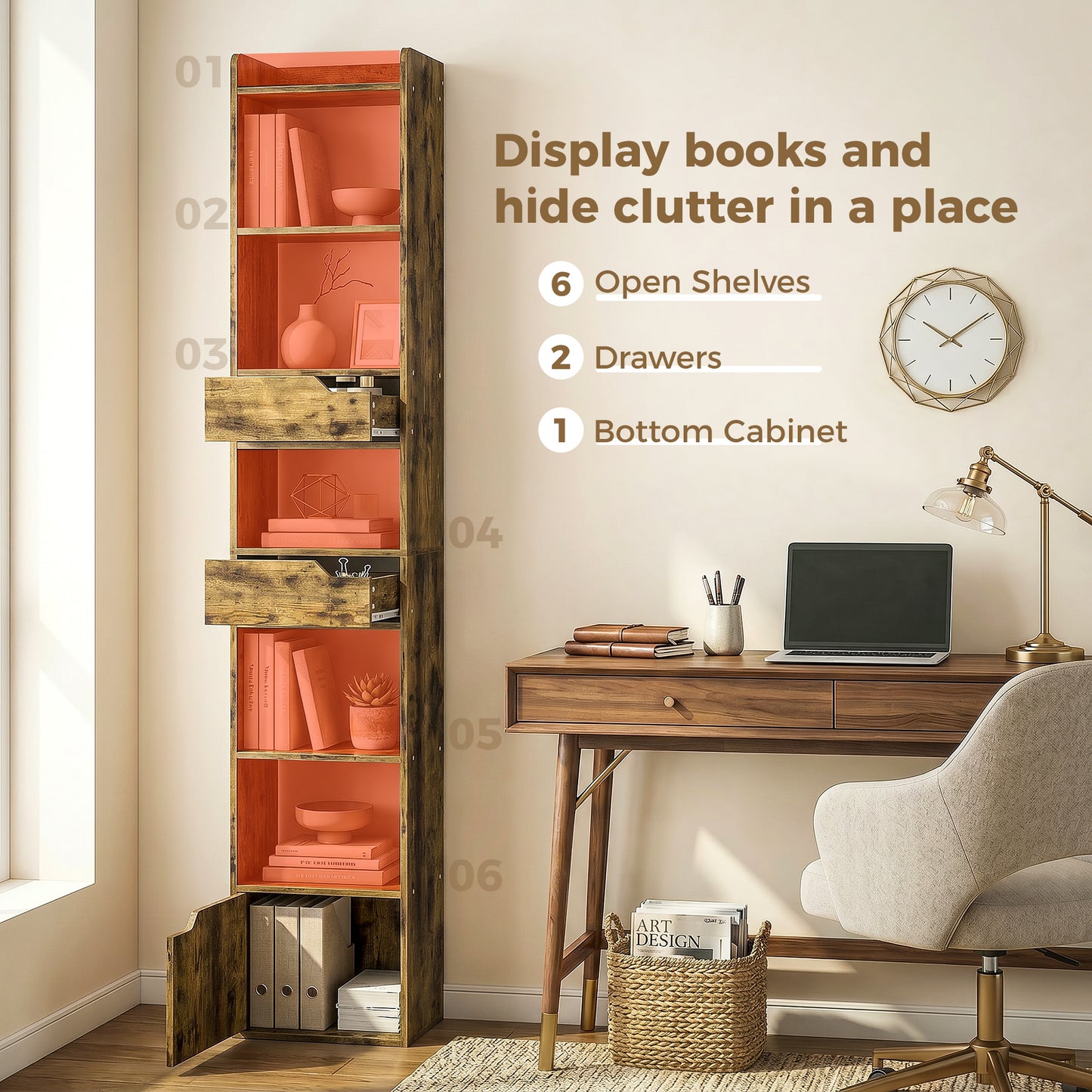 Bookcase with Drawers and Cabinet, 5-Tier Bookshelf, Narrow Tall Storage Cabinet with Anti-Tip for Living Room, Study, Home Office, Rustic Brown