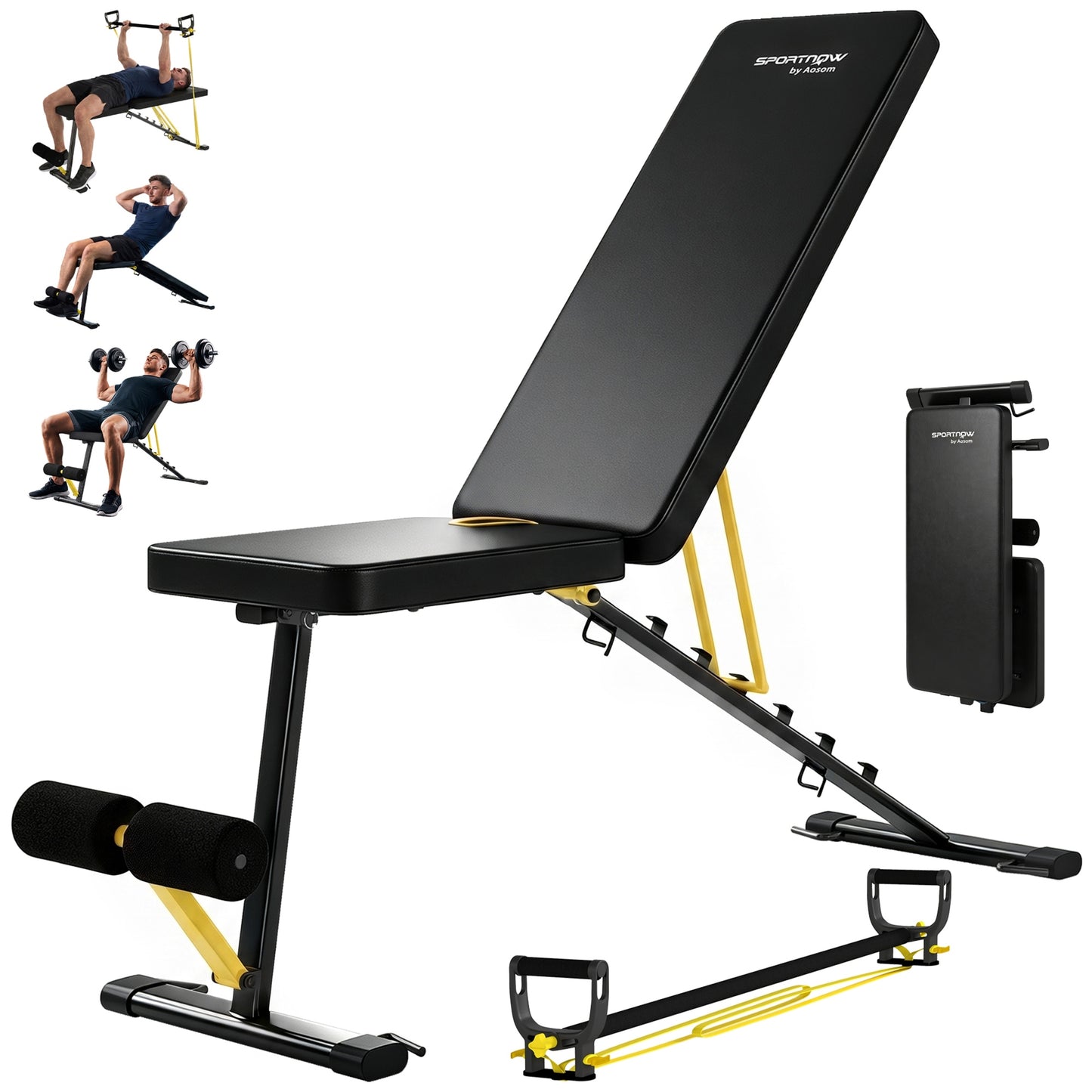 Adjustable Weight Bench for Home Gym, 300kg Incline Decline Flat Foldable Bench Press with 7 Backrest Positions and Resistance Bands, for Full Body Strength Training Weight Lifting, Yellow