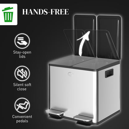 2x15L Dual Kitchen Bin Pedal Bin for Recycling and Waste, Silver Tone