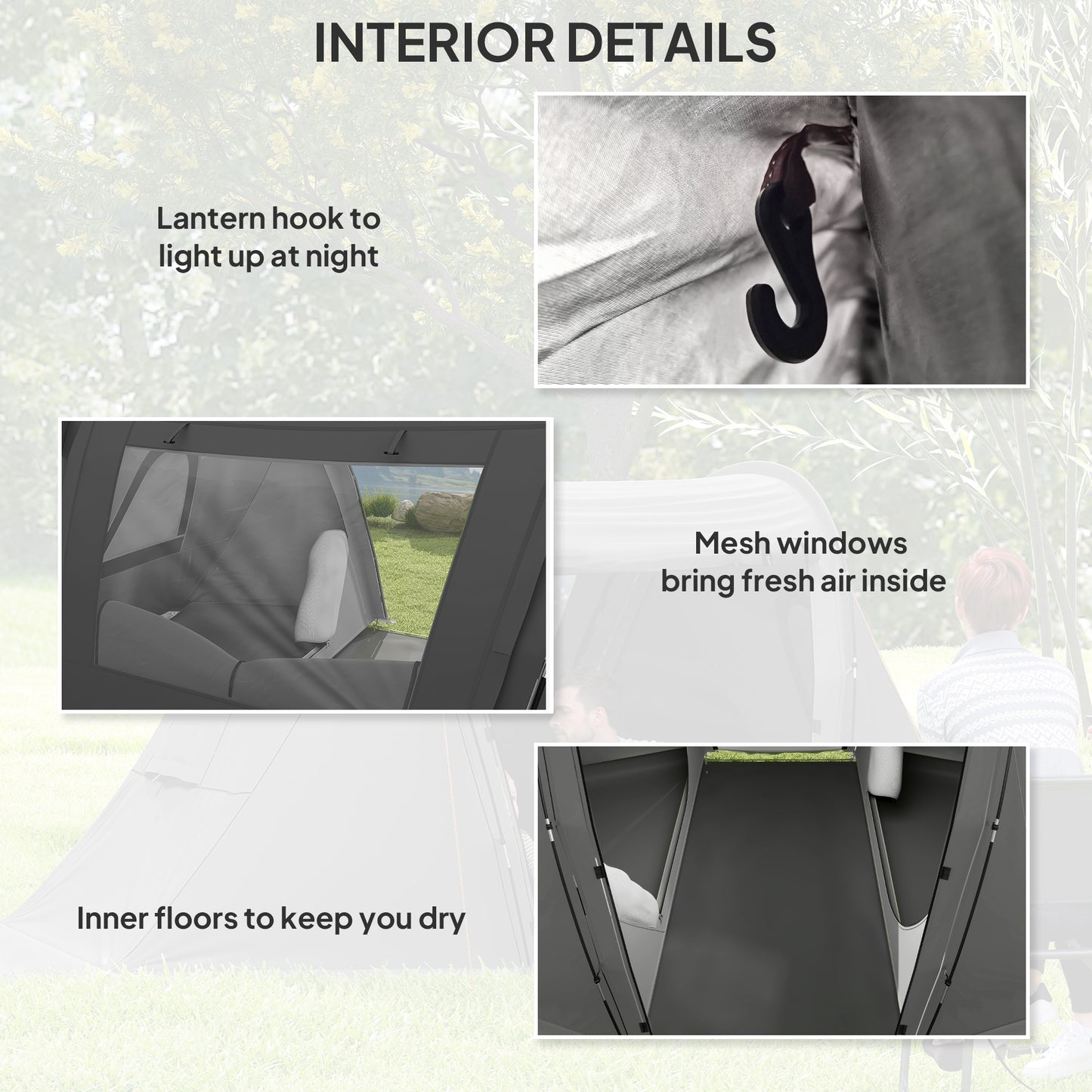 3 Man Camping Tent with 2 Bedrooms, 3000mm Waterproof, Grey