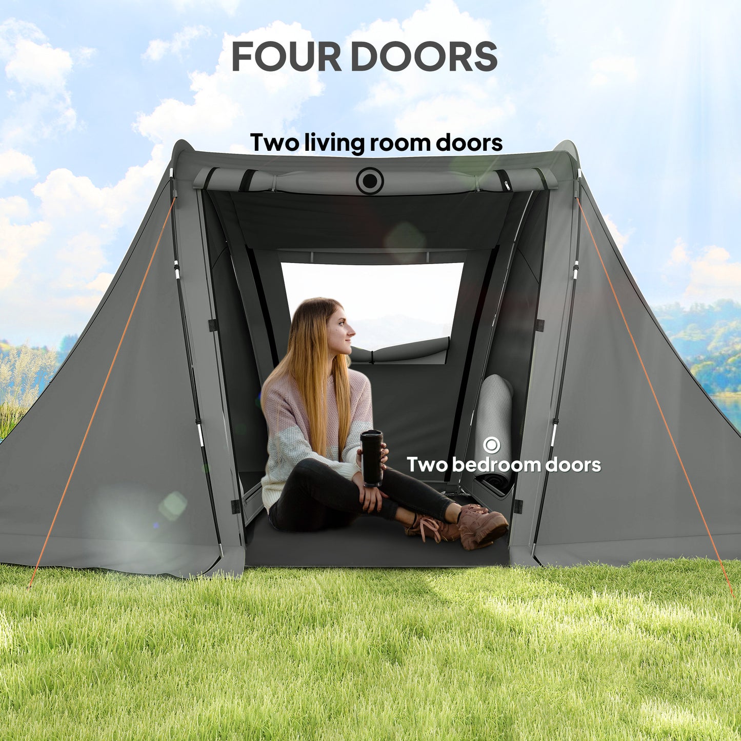 3 Man Camping Tent with 2 Bedrooms, 3000mm Waterproof, Grey