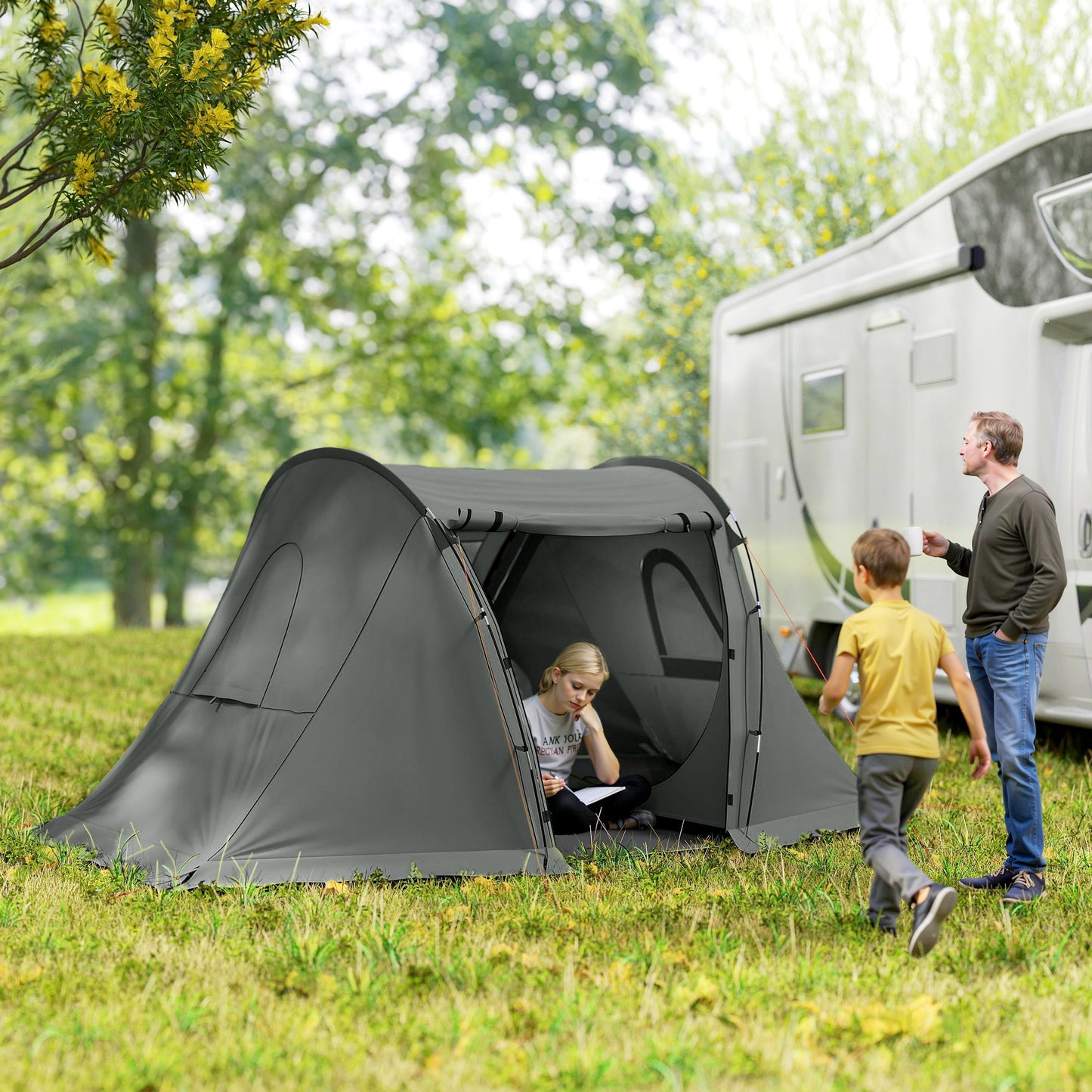 3 Man Camping Tent with 2 Bedrooms, 3000mm Waterproof, Grey
