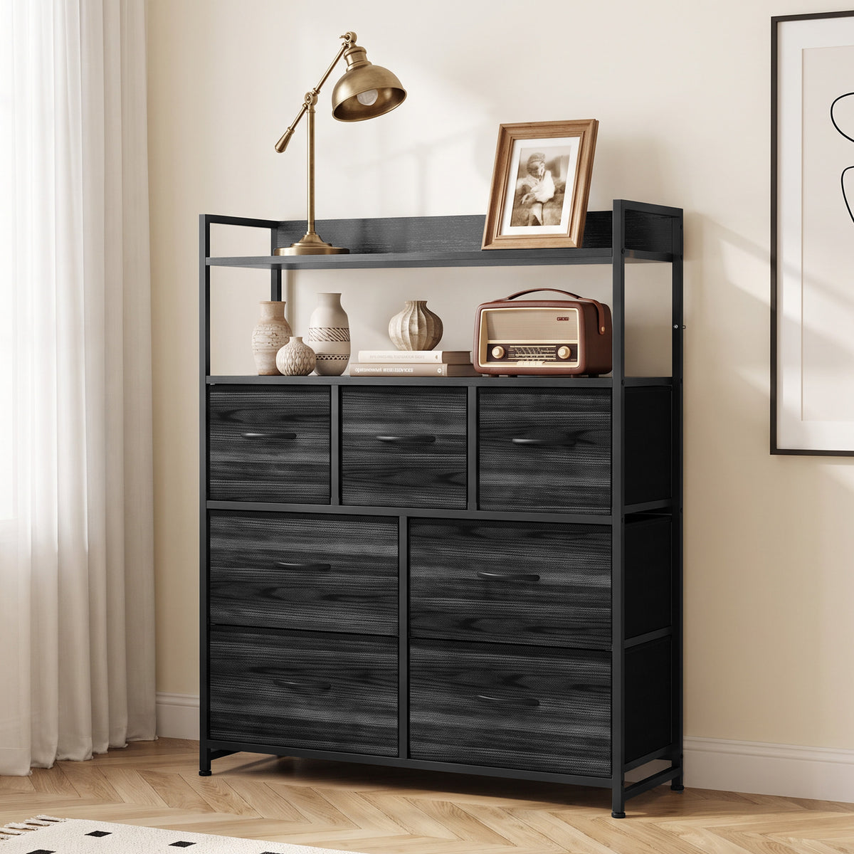 7-Drawer Fabric Chest with 2 Shelves and Steel Frame - Black Wood Effect