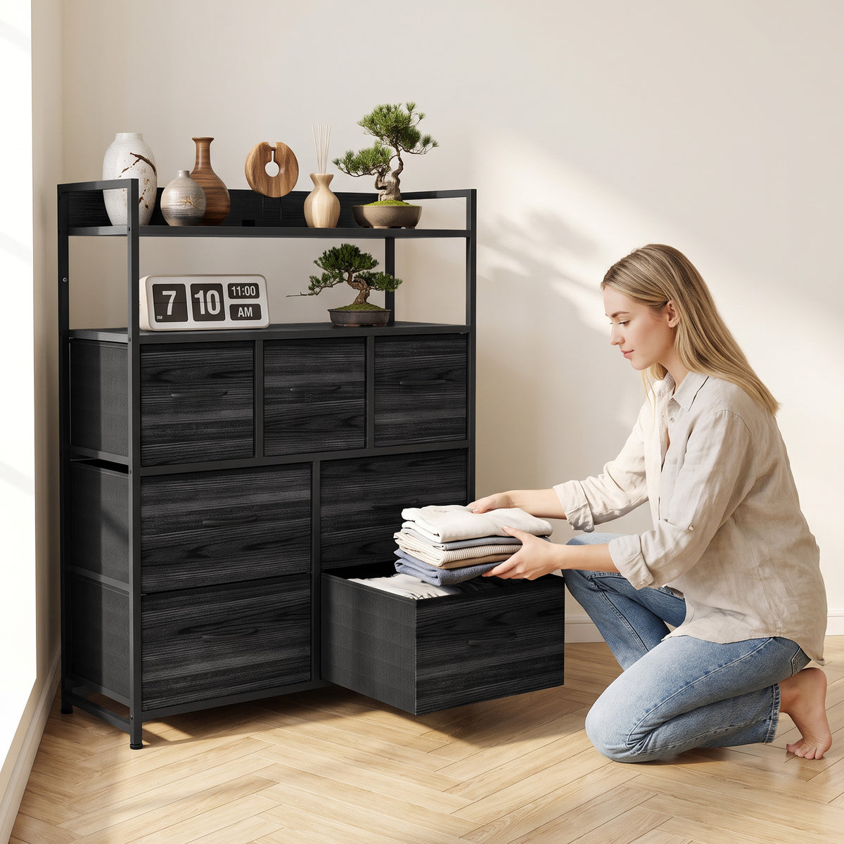 7-Drawer Fabric Chest with 2 Shelves and Steel Frame - Black Wood Effect