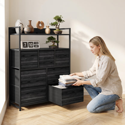 7-Drawer Fabric Chest with 2 Shelves and Steel Frame - Black Wood Effect