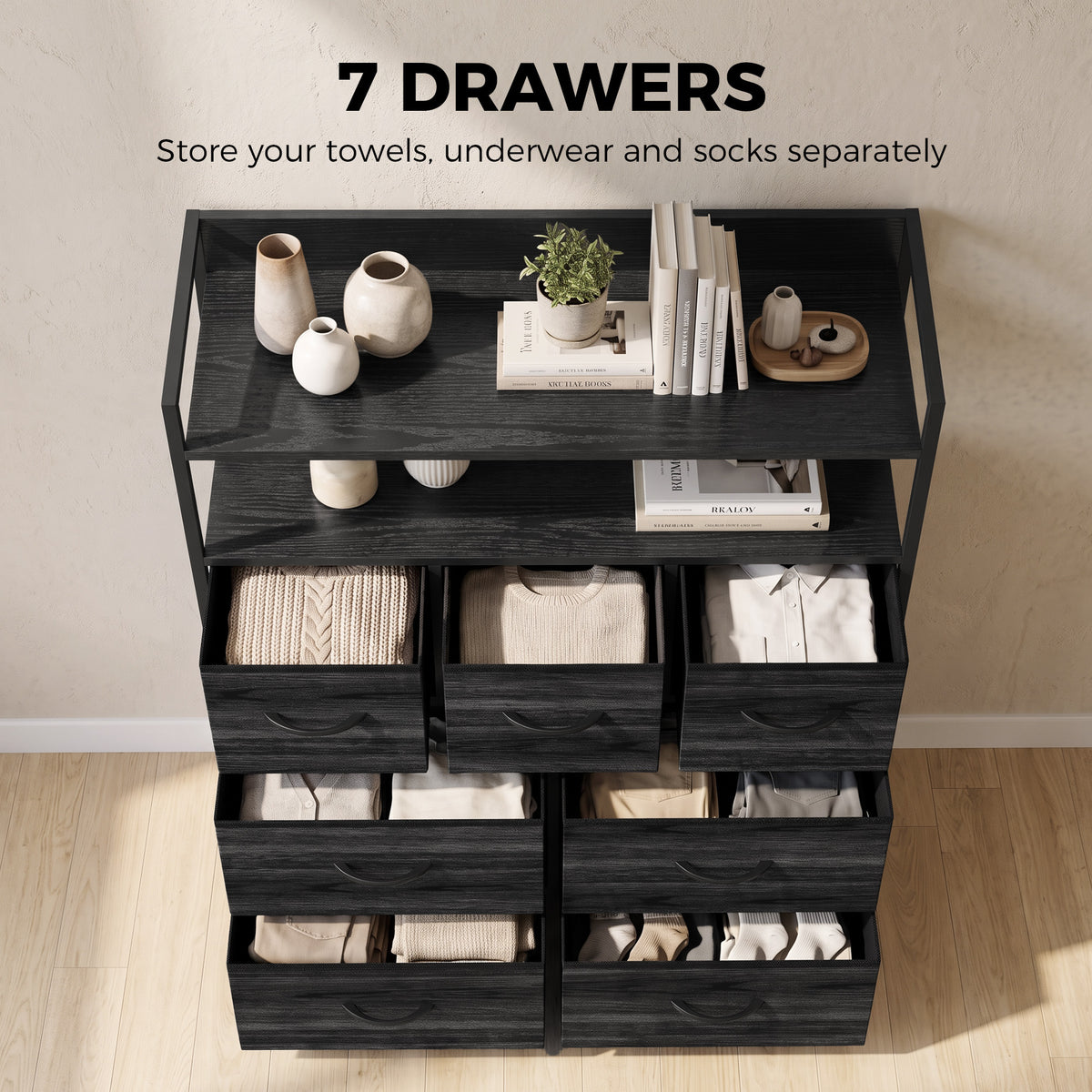 7-Drawer Fabric Chest with 2 Shelves and Steel Frame - Black Wood Effect