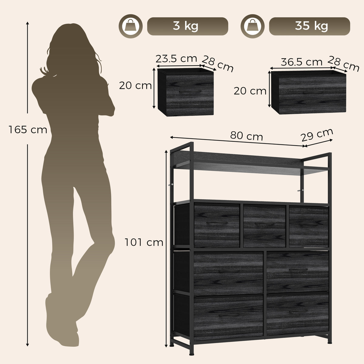 7-Drawer Fabric Chest with 2 Shelves and Steel Frame - Black Wood Effect