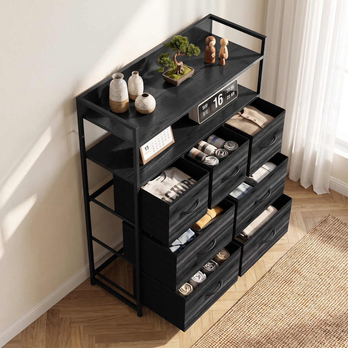 7-Drawer Fabric Chest with 2 Shelves and Steel Frame - Black Wood Effect