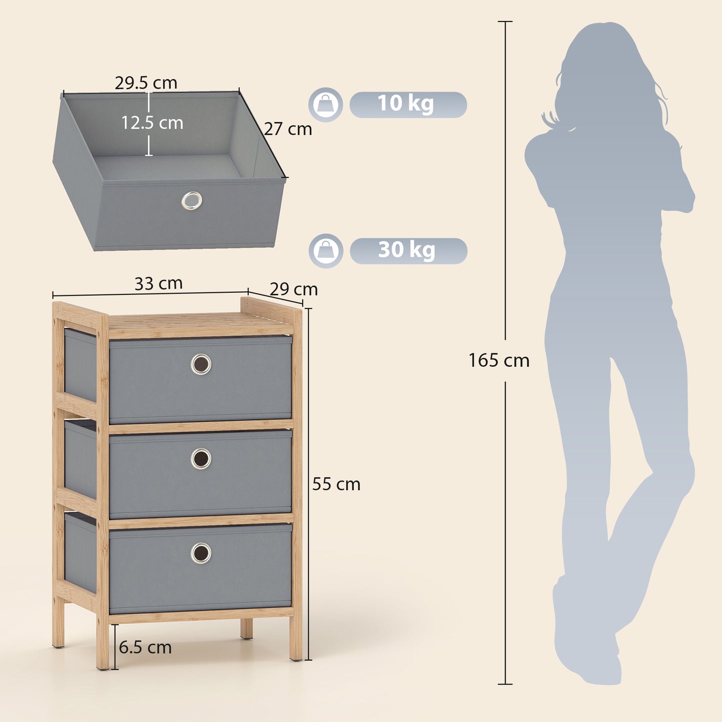 Chest of Drawers, 3 Drawers Dresser with Bamboo Frame, Light Grey