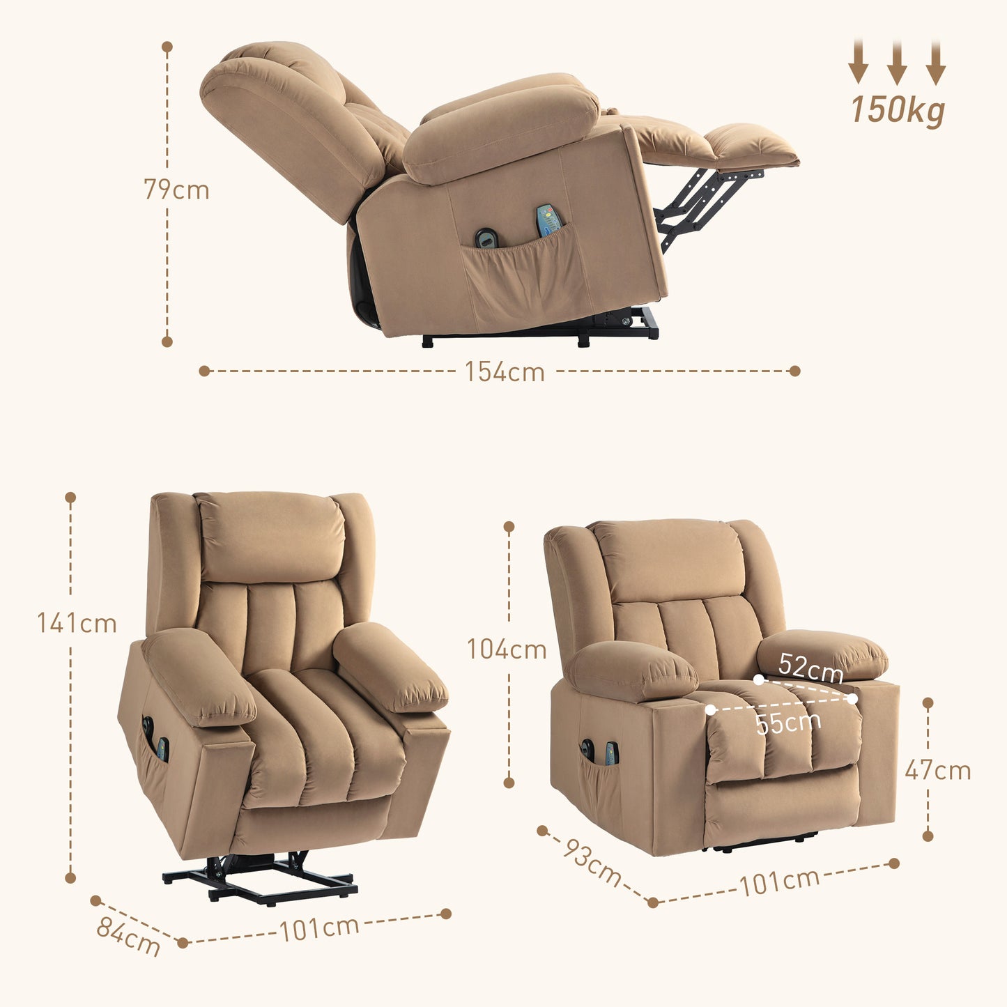 Power Lift Recliner Chair with Vibration Massage, USB, Light Brown