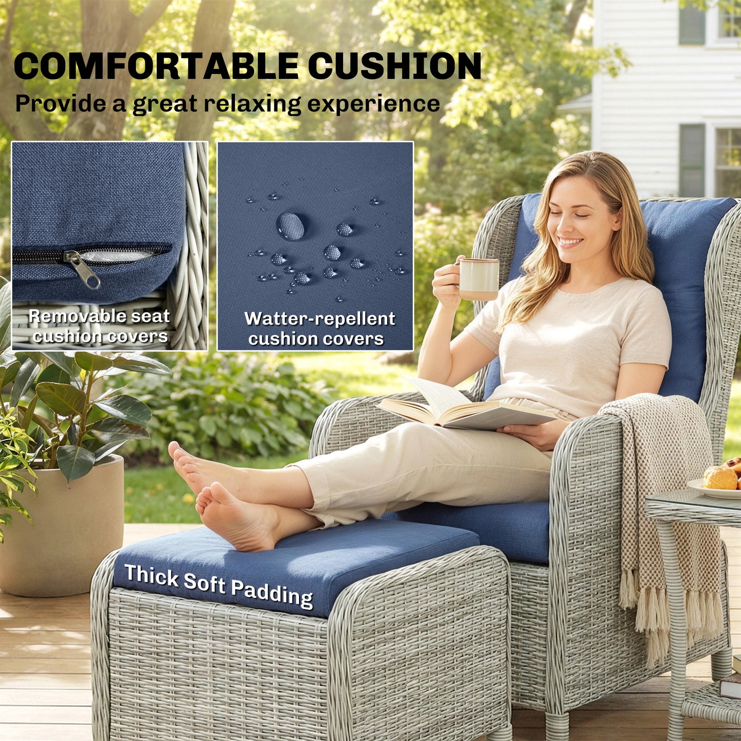 5 Piece Garden Furniture Set, Rattan Reclining Garden Chair Set of 2 with Footstool and Cushion , Dark Blue