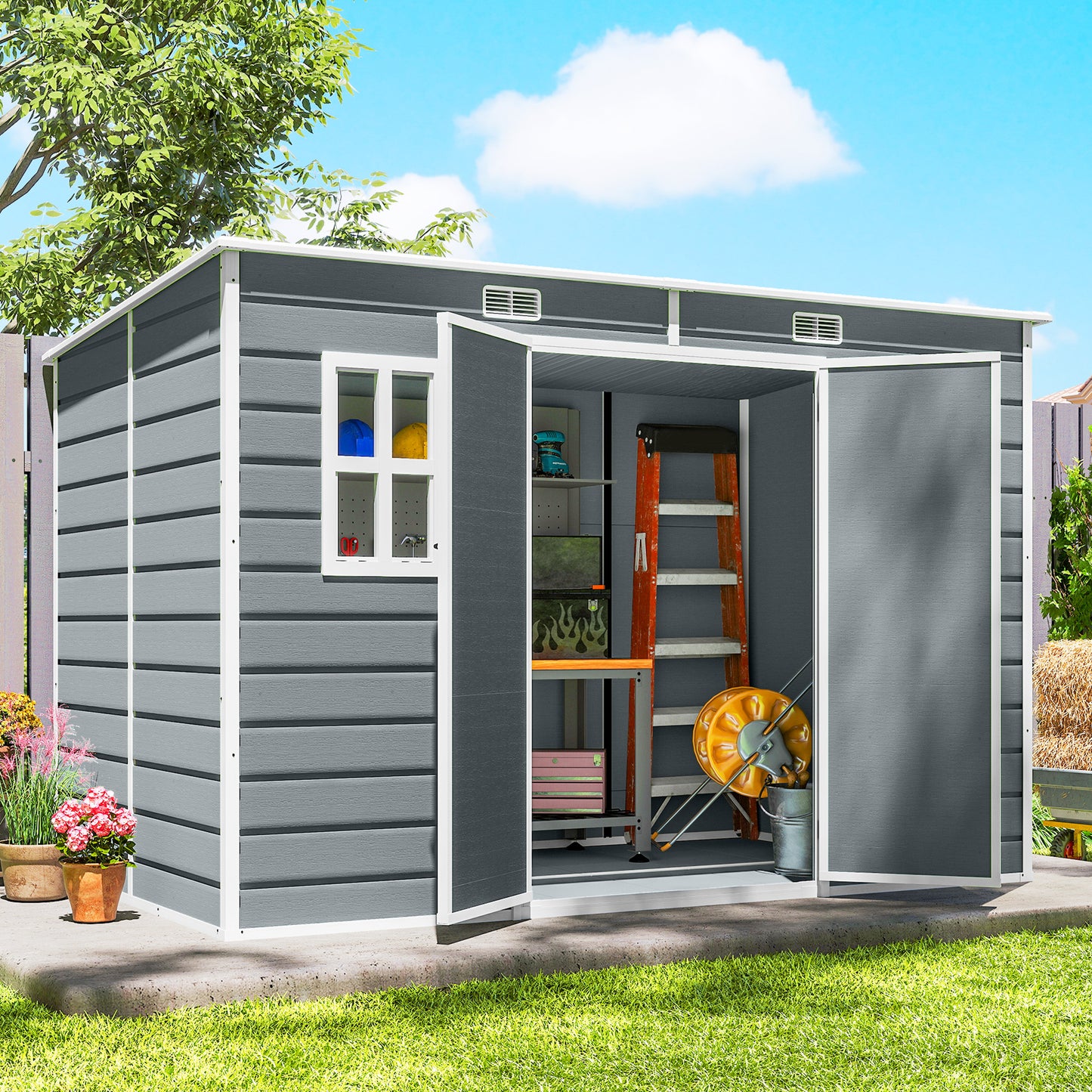 10 x 6 ft Plastic Garden Shed with Floor, Lockable Doors, Grey
