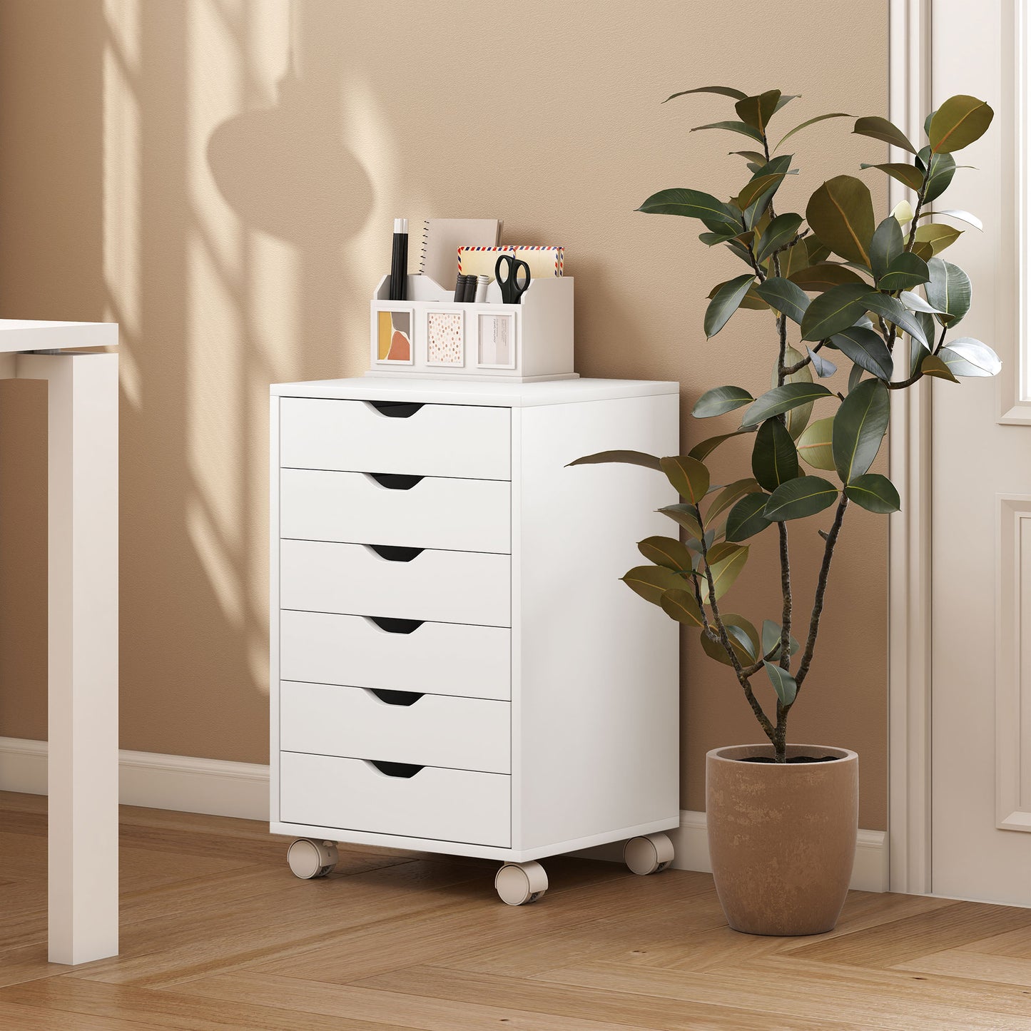 6 Drawer Vertical File Cabinet with Quiet Drawers and Wheels, White