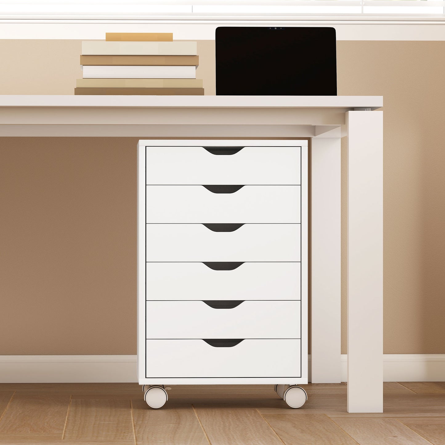 6 Drawer Vertical File Cabinet with Quiet Drawers and Wheels, White