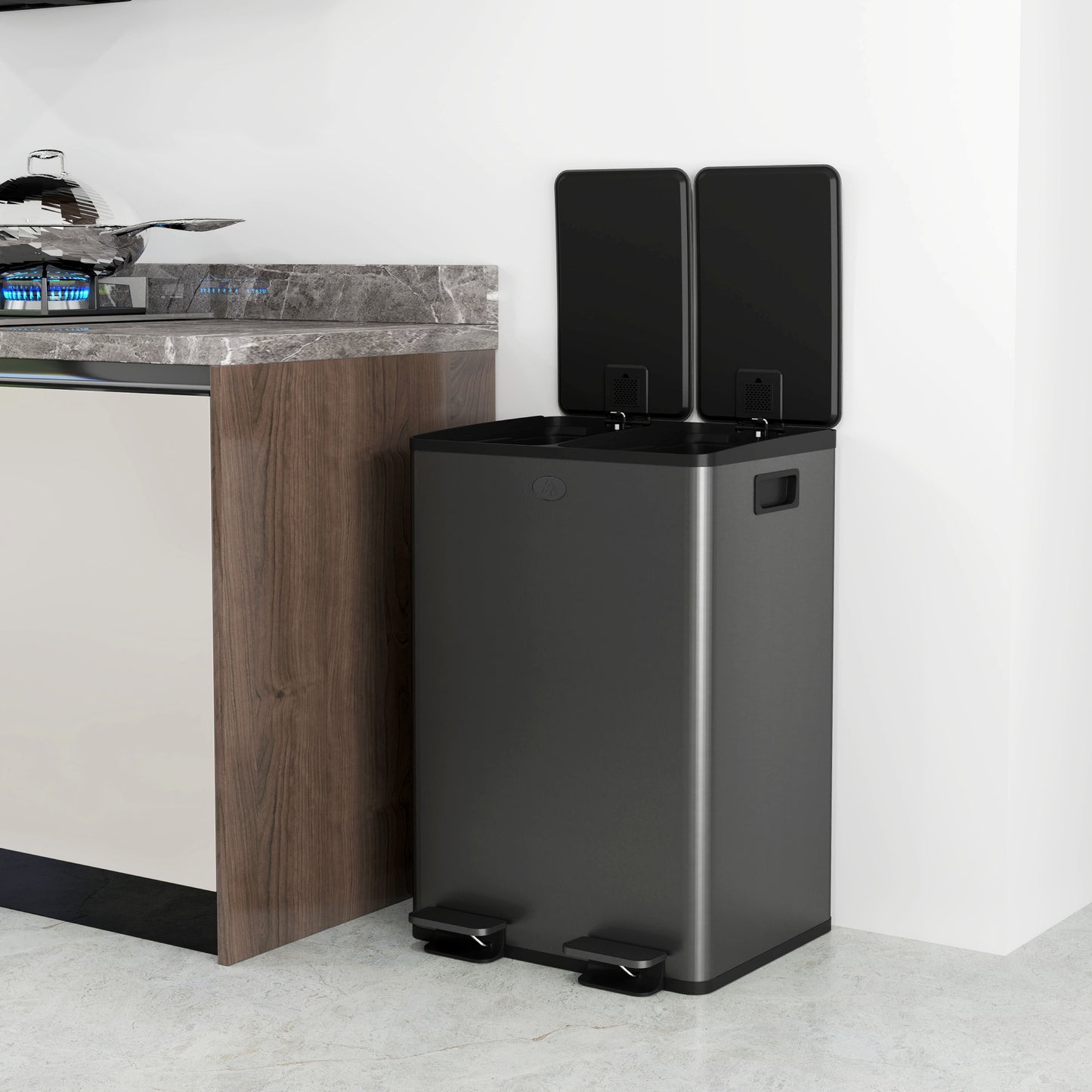2 x 28L Dual Kitchen Bin Pedal Bin for Recycling and Waste, Black