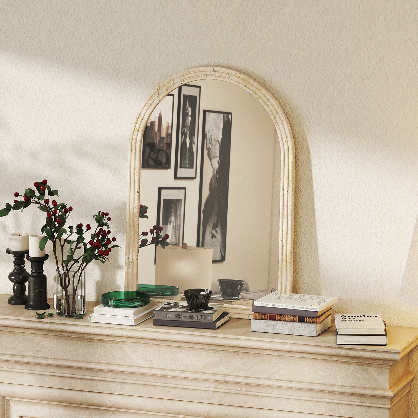 Arched Wall Mirror with Modern Tempered Glass & Polystyrene Beige