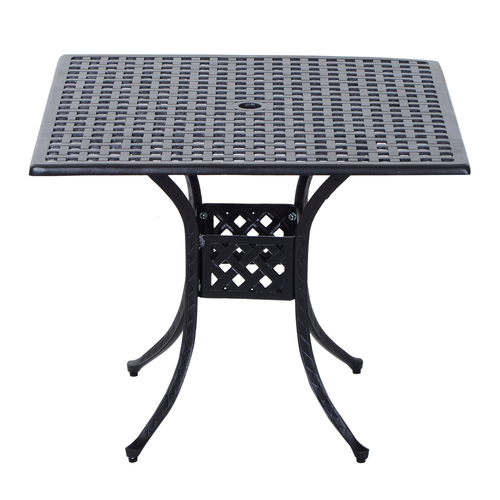 90cm Square Garden Table with Umbrella Hole, Aluminium Grid Motif Outdoor Dining Table for Garden Patio, Black