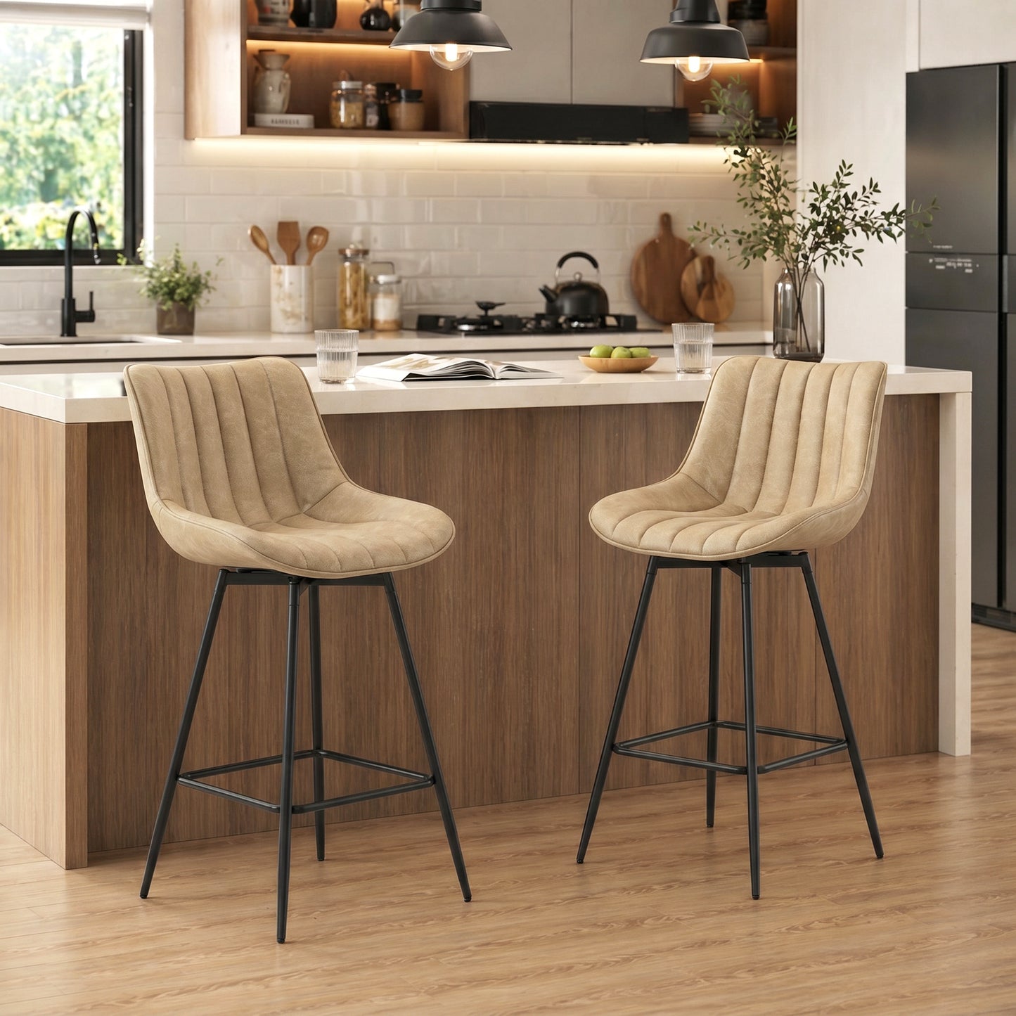 Swivel Bar Stools Set of 2, Textured Faux Leather Counter Stools with Backrest and Footrest, Height Adjustable Breakfast Chairs for Kitchen Island, Home Bar, Dining Room, Light Brown