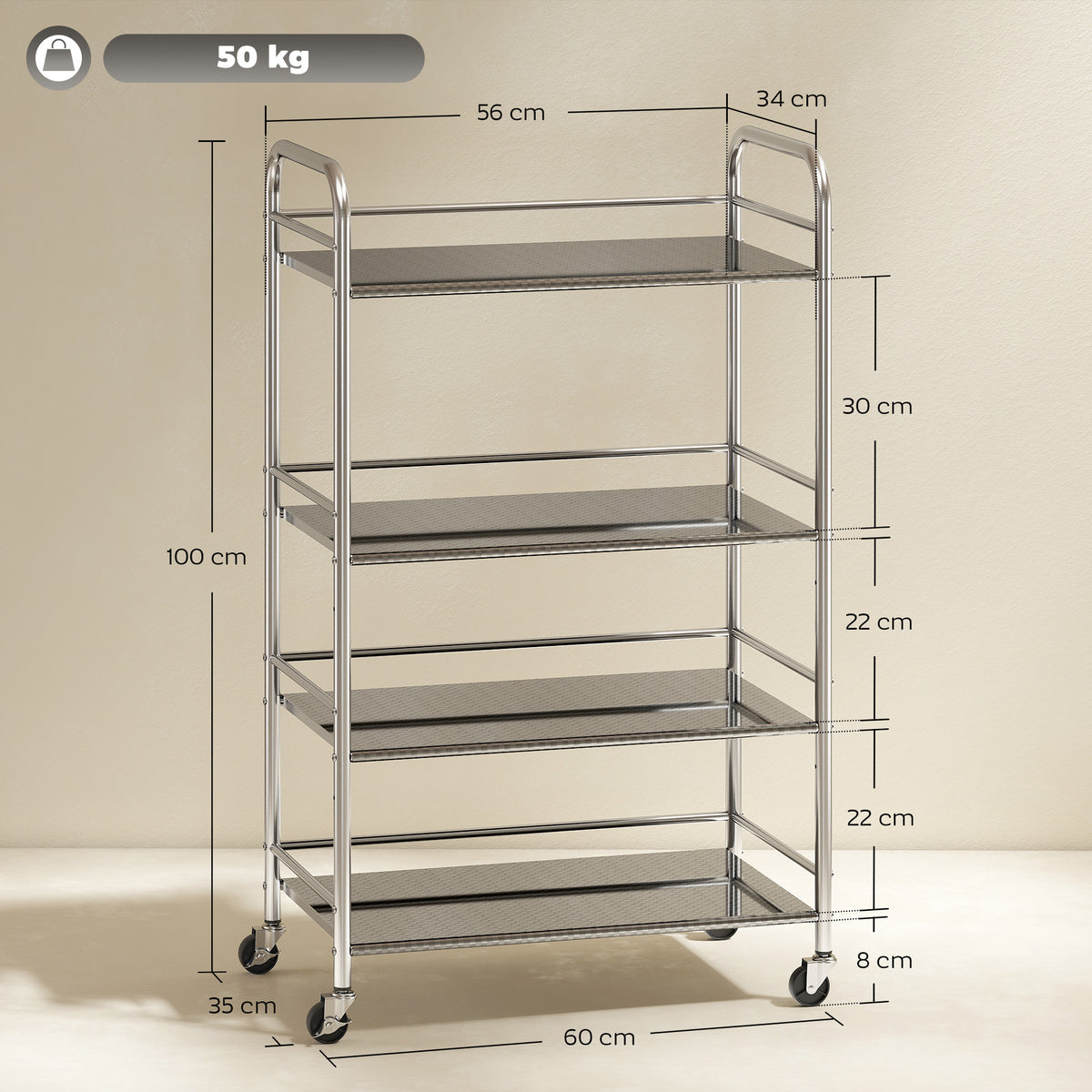 4 Tier Kitchen Trolley on Wheels Serving Cart with Handles Silver