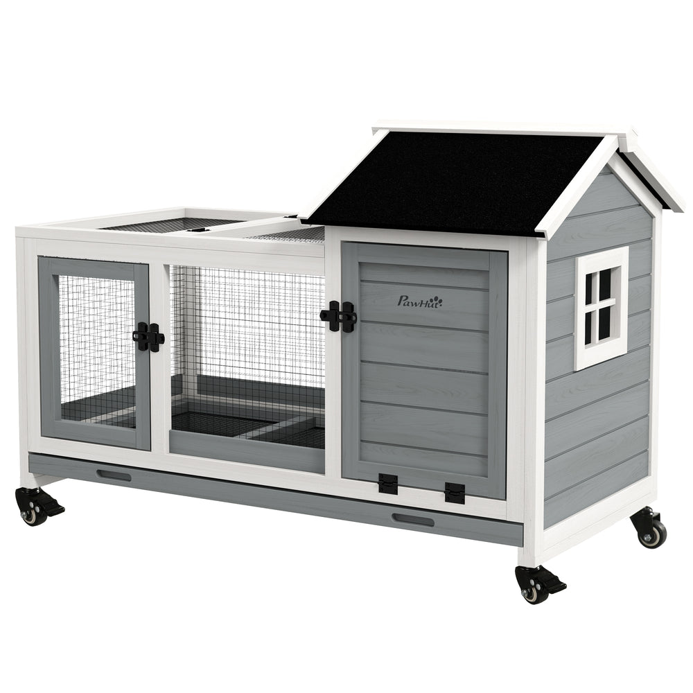 Wooden Rabbit Hutch, Guinea Pig Cage, with Removable Tray, Wheels - Grey