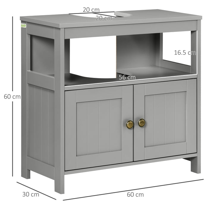 kleankin Pedestal Under Sink Cabinet with Double Doors, Modern Bathroom Vanity Storage Unit with Shelves, Grey