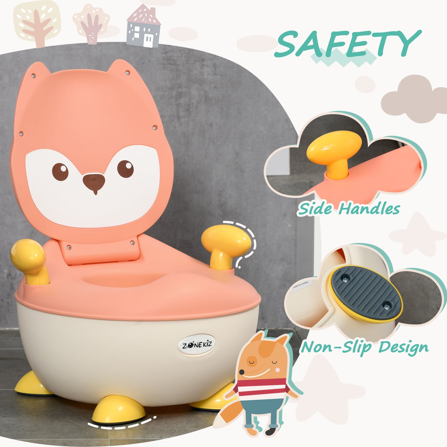 Baby Potty Training Toilet, Toddler Toilet Seat with Splash Guard, Backrest, Anti-Tip Feet, Side Handles, Easy to Clean, Portable Travel Potty for Boys and Girls 6 to 36 Months, Fox Shape