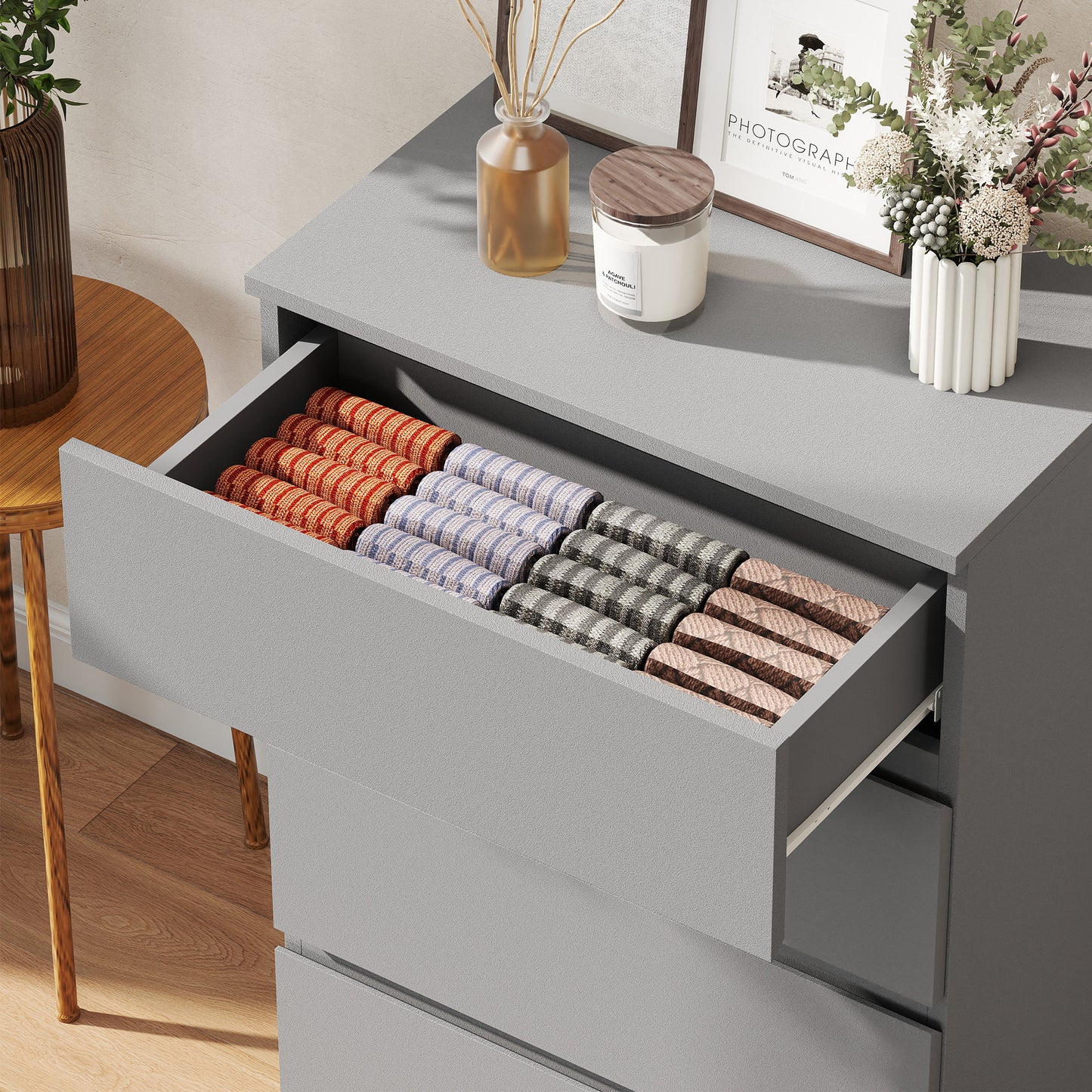 Bedroom Chest of Drawers, 4 Drawers Dresser, Drawer Unit, Grey