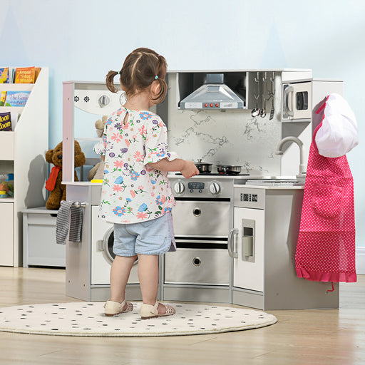 AIYAPLAY Toy Kitchen with Running Water, Lights Sounds, Apron and Chef Hat, Water Dispenser, for 3-6 Years Old - Grey