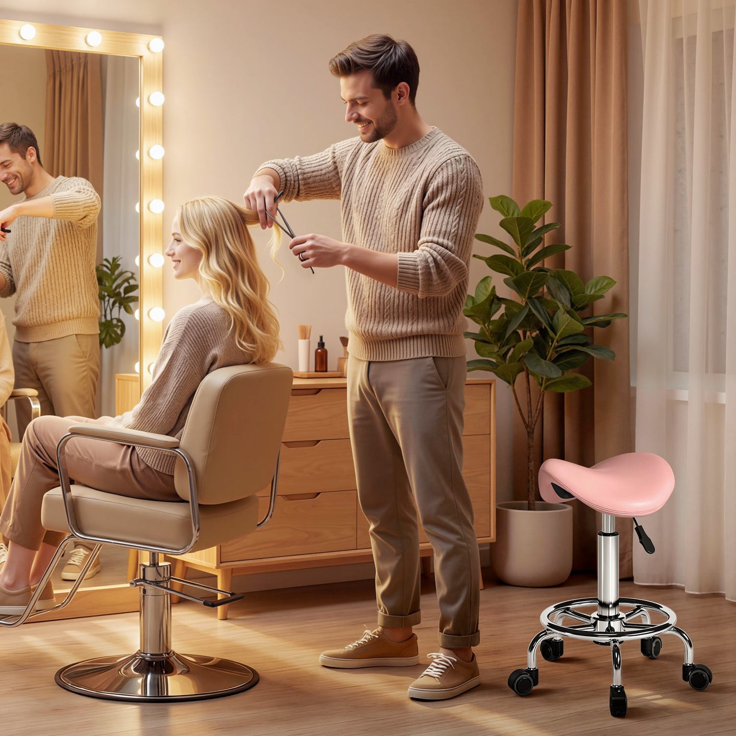 Saddle Chair, Rolling Salon Stool for Massage Spa, Pink