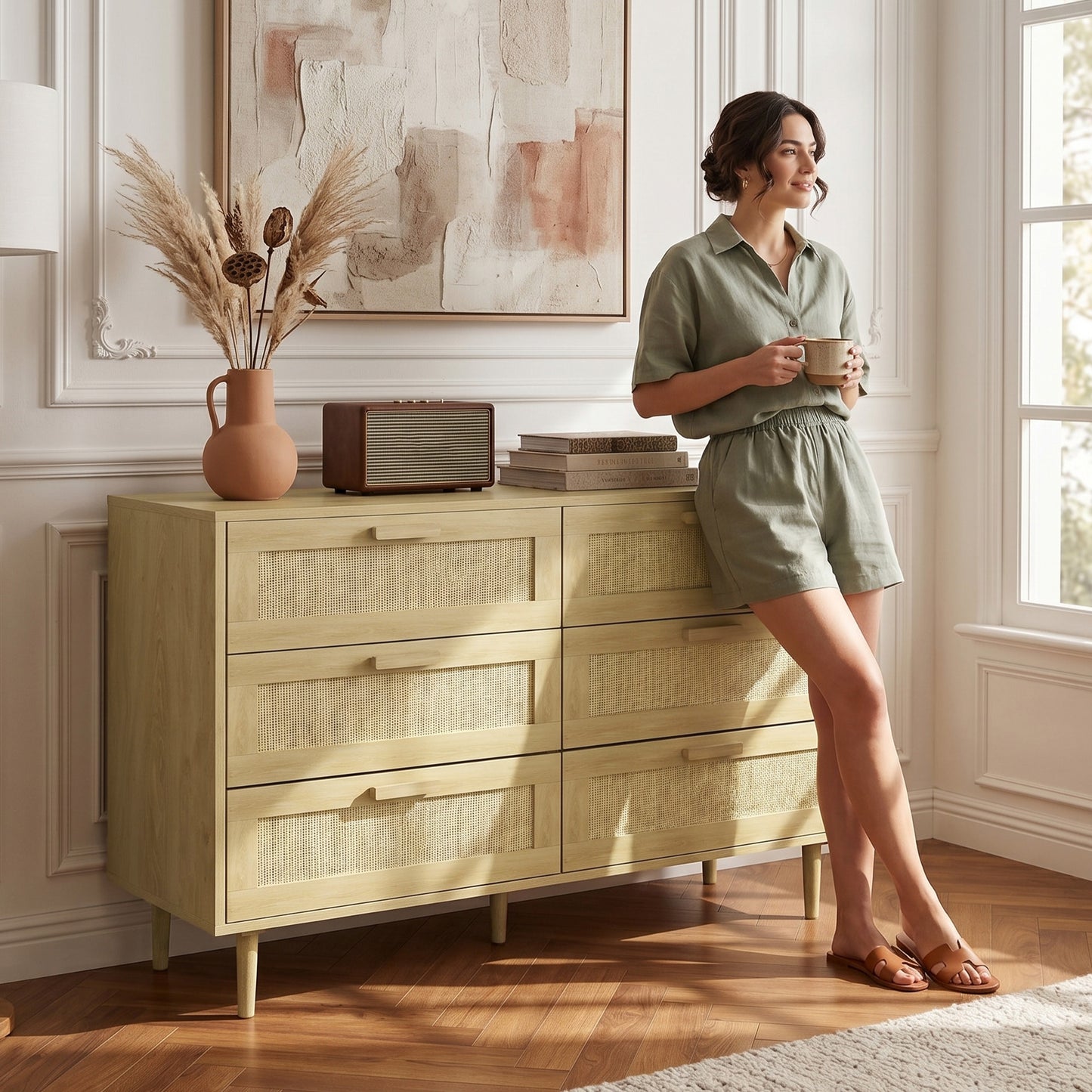 Chest of Drawers, 6 Drawer Dresser, Bohemian Storage Cabinet with Rattan Element for Bedroom, Living Room, Oak