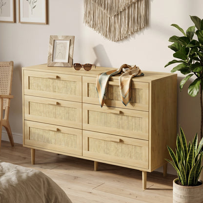 Chest of Drawers, 6 Drawer Dresser, Bohemian Storage Cabinet with Rattan Element for Bedroom, Living Room, Oak
