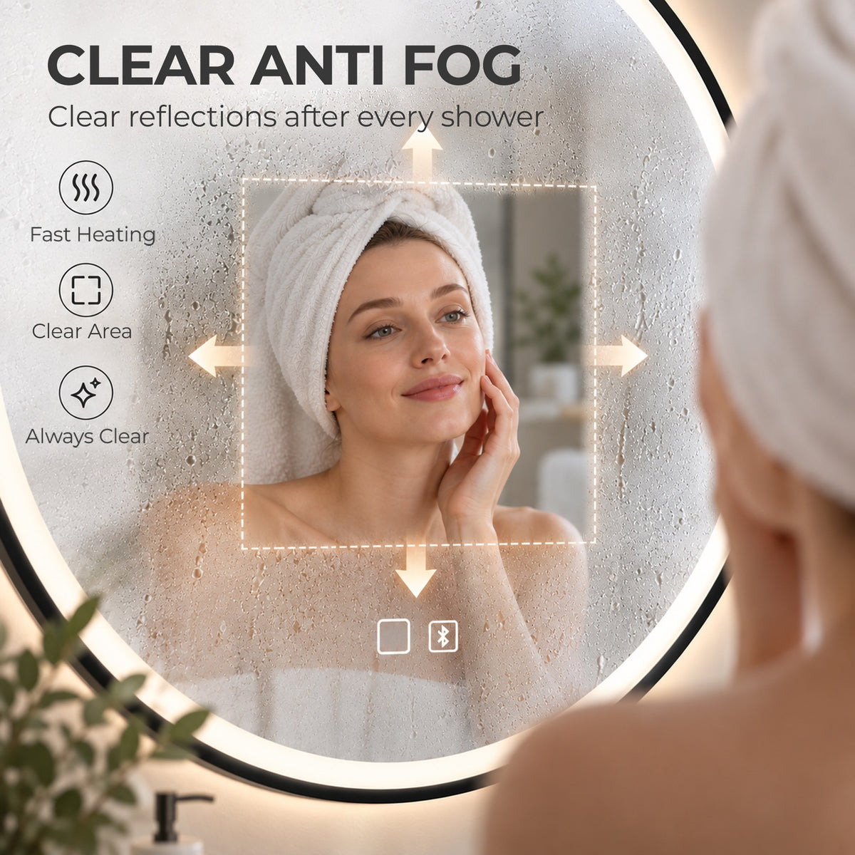 60cm Round LED Bathroom Mirror with Bluetooth Speaker and Demister - Black