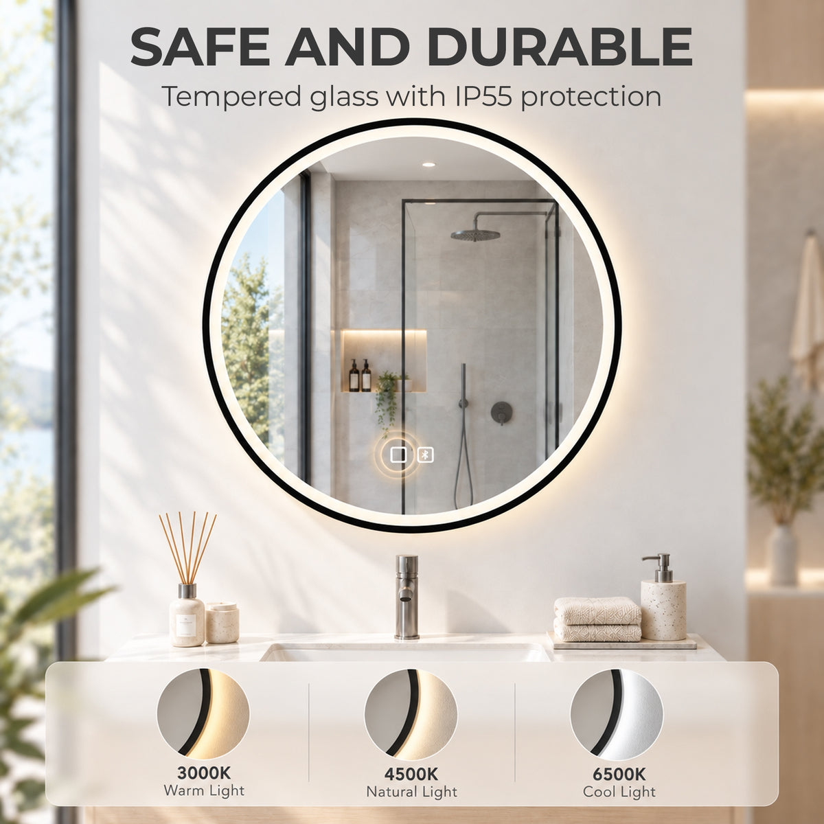 60cm Round LED Bathroom Mirror with Bluetooth Speaker and Demister - Black