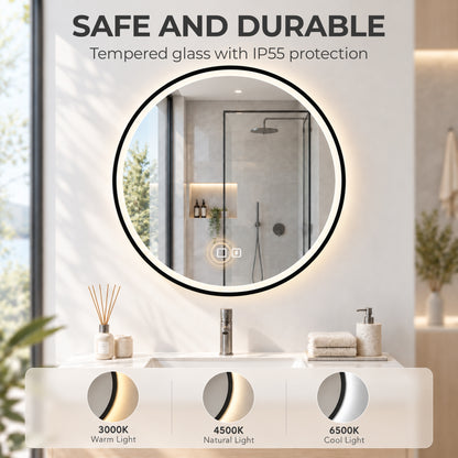 60cm Round LED Bathroom Mirror with Bluetooth Speaker and Demister - Black