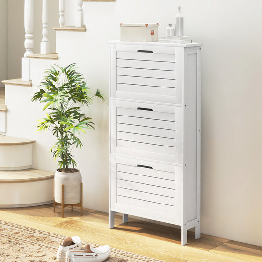 Narrow Shoe Storage Cabinet with 3 Flip Drawers, White