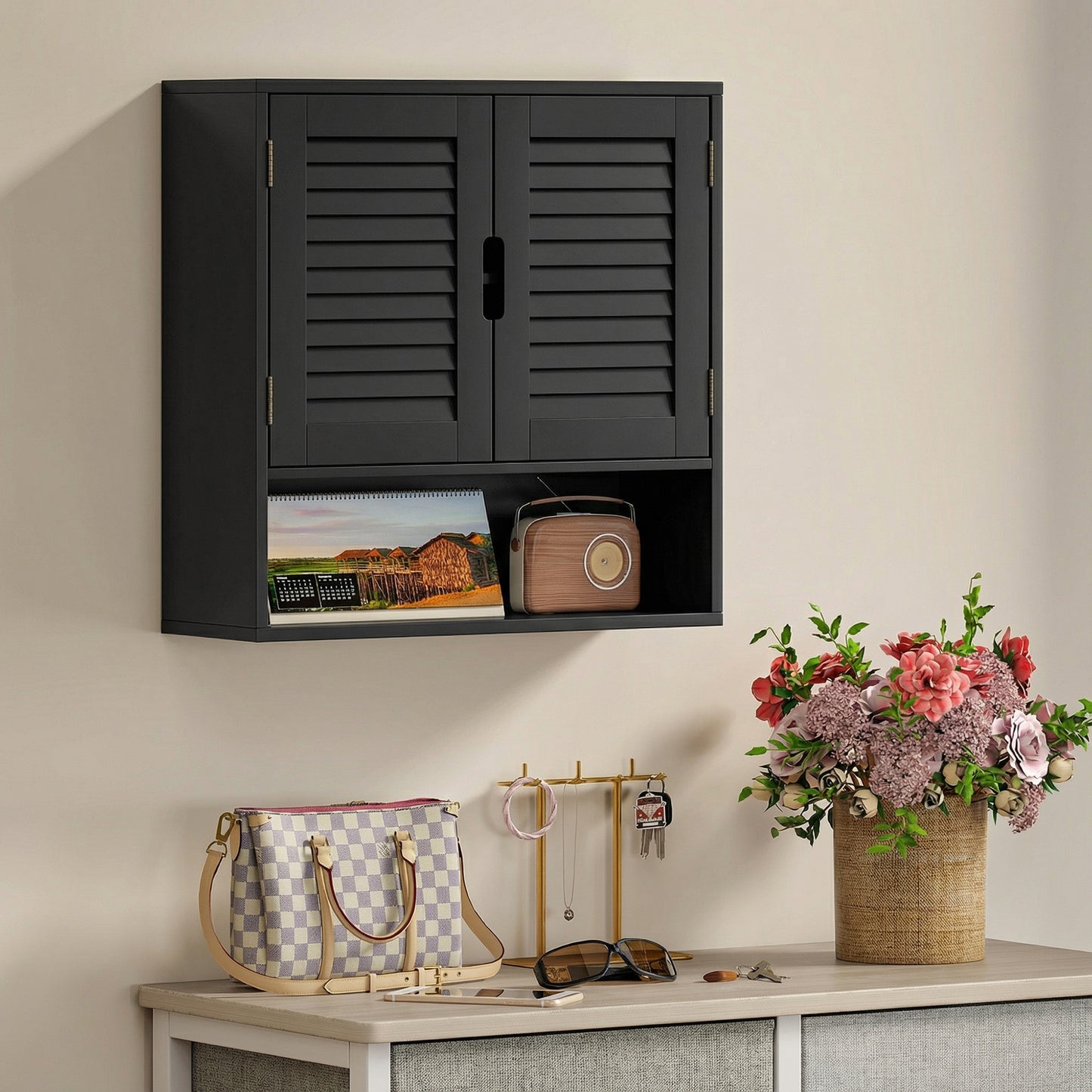 Bathroom Cabinet, Wall Mounted Cabinet with Adjustable Shelves, Black