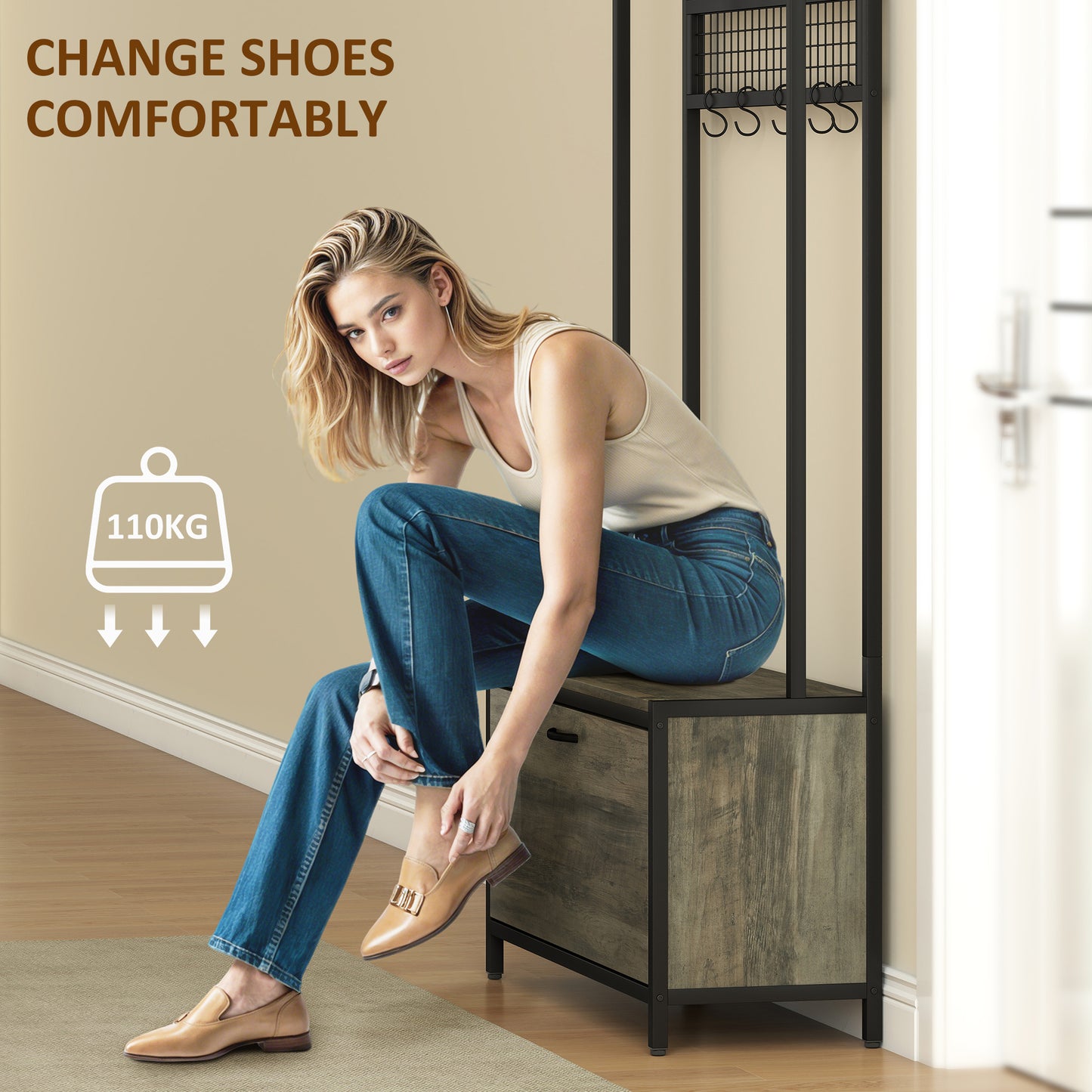 Industrial Hall Tree Coat Rack Stand with Shoe Cabinet Grey