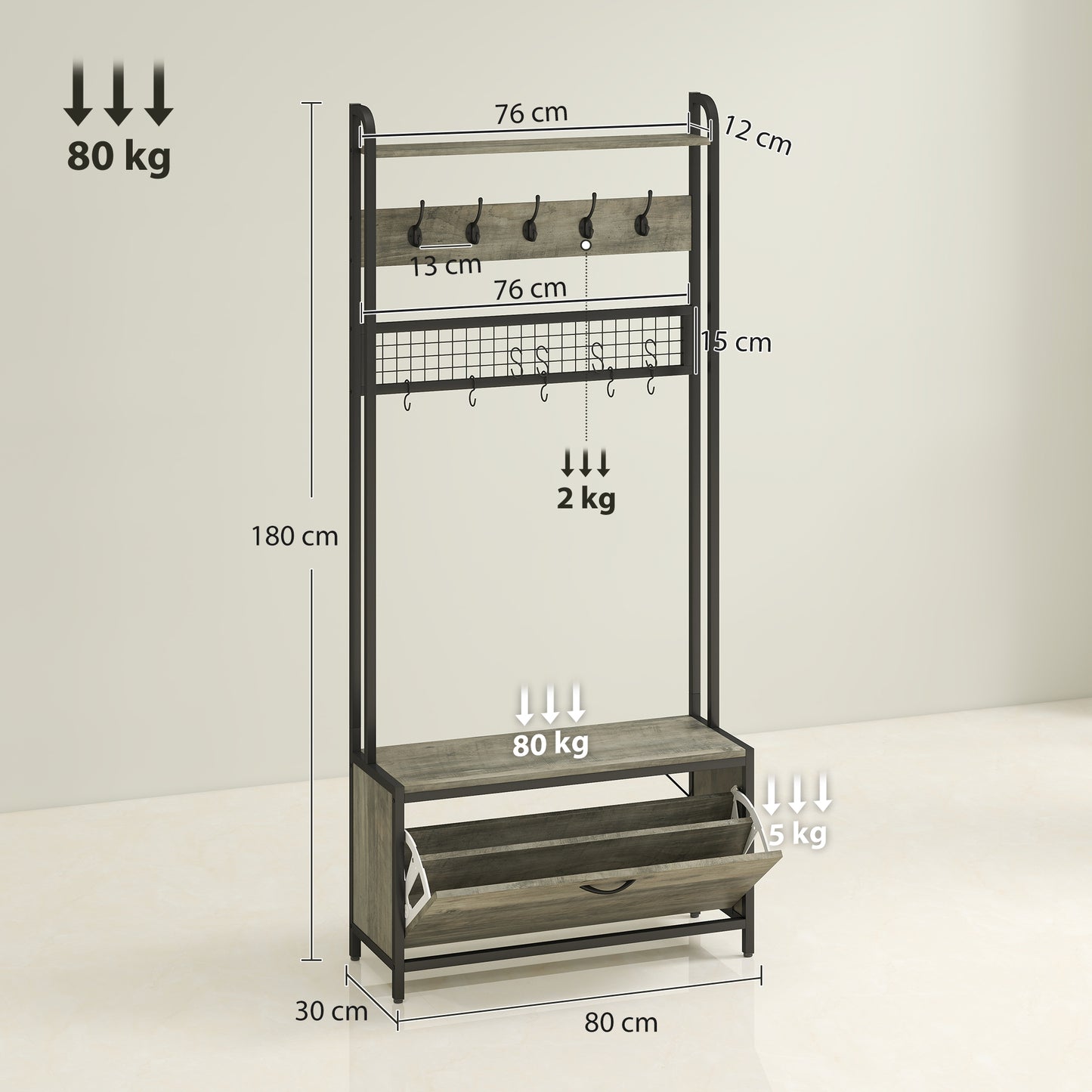 Industrial Hall Tree Coat Rack Stand with Shoe Cabinet Grey