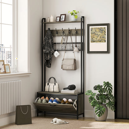 Industrial Hall Tree Coat Rack Stand with Shoe Cabinet Grey