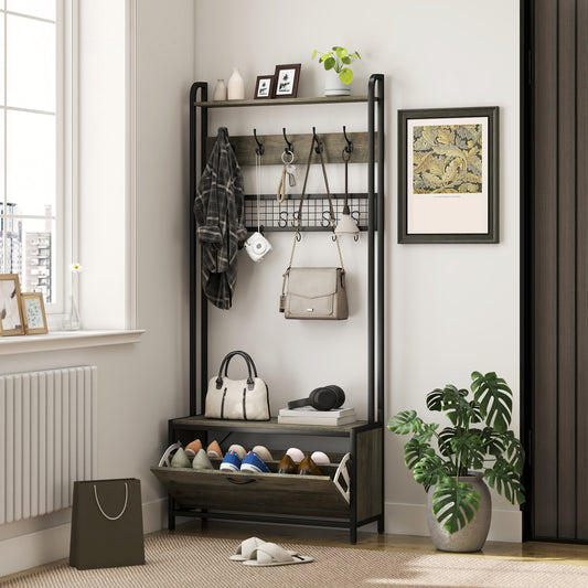 Industrial Hall Tree Coat Rack Stand with Shoe Cabinet Grey