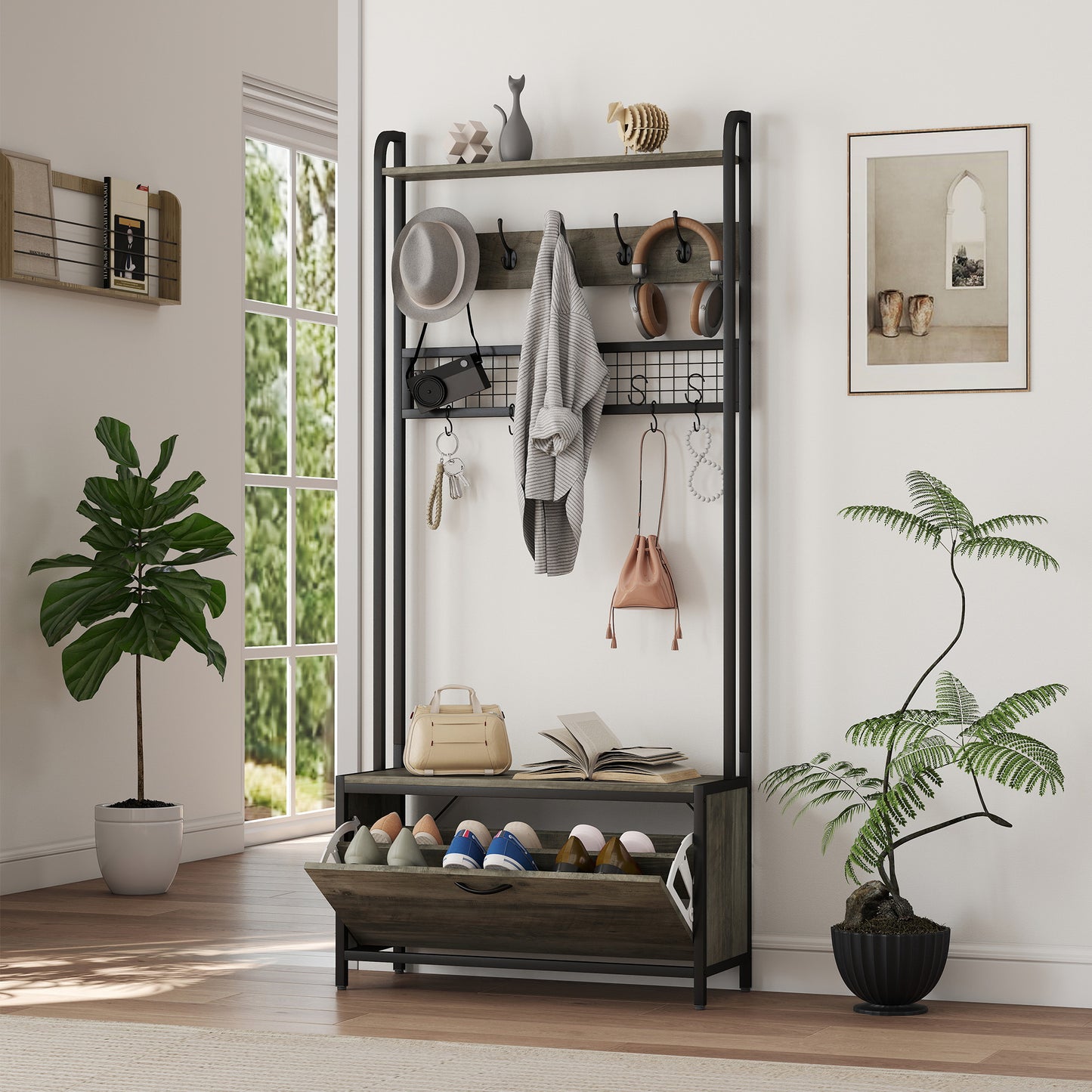 Industrial Hall Tree Coat Rack Stand with Shoe Cabinet Grey