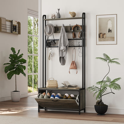 Industrial Hall Tree Coat Rack Stand with Shoe Cabinet Grey